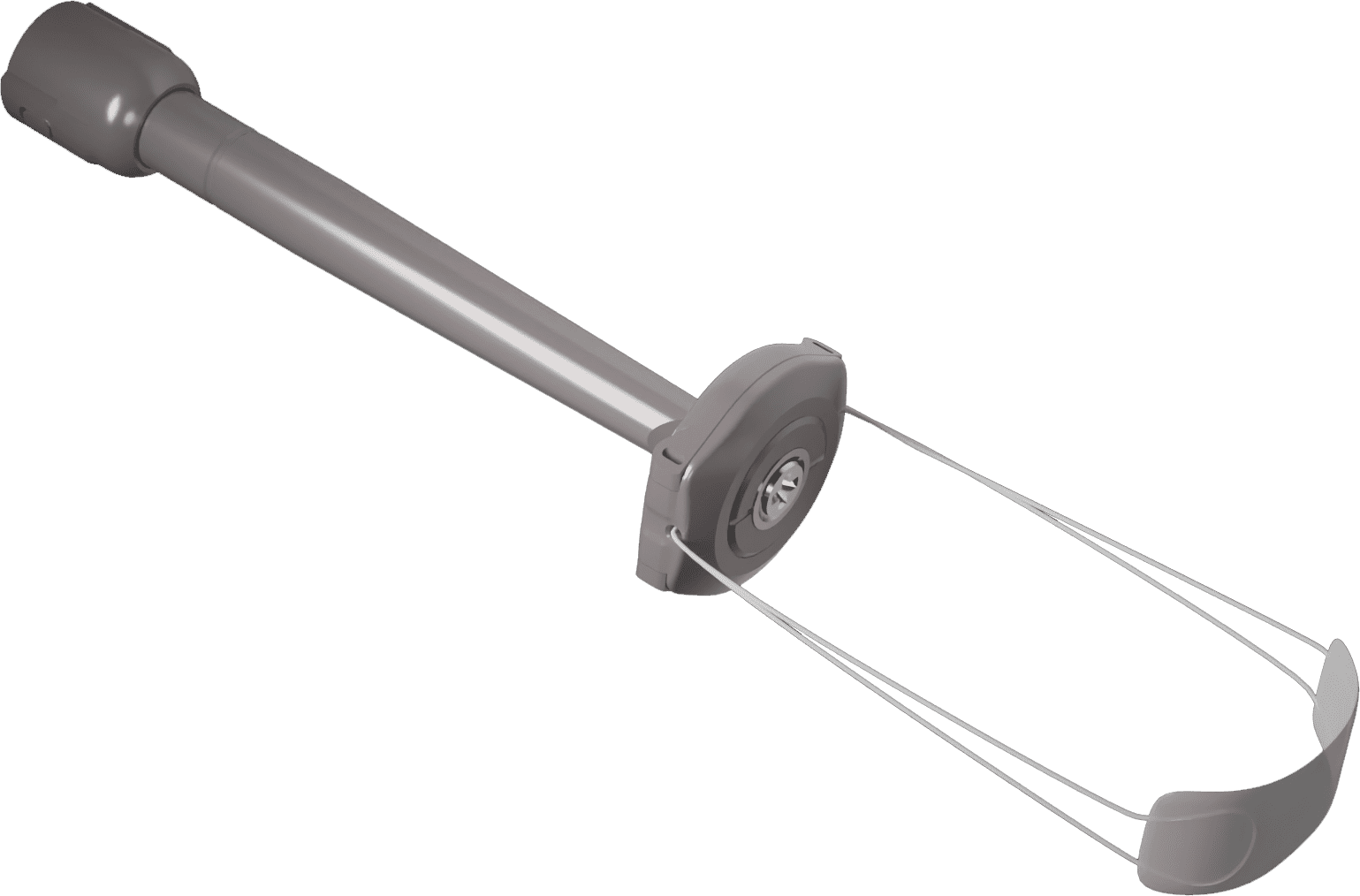 Close-up of a metal rod with an attached pulley wheel and cables.